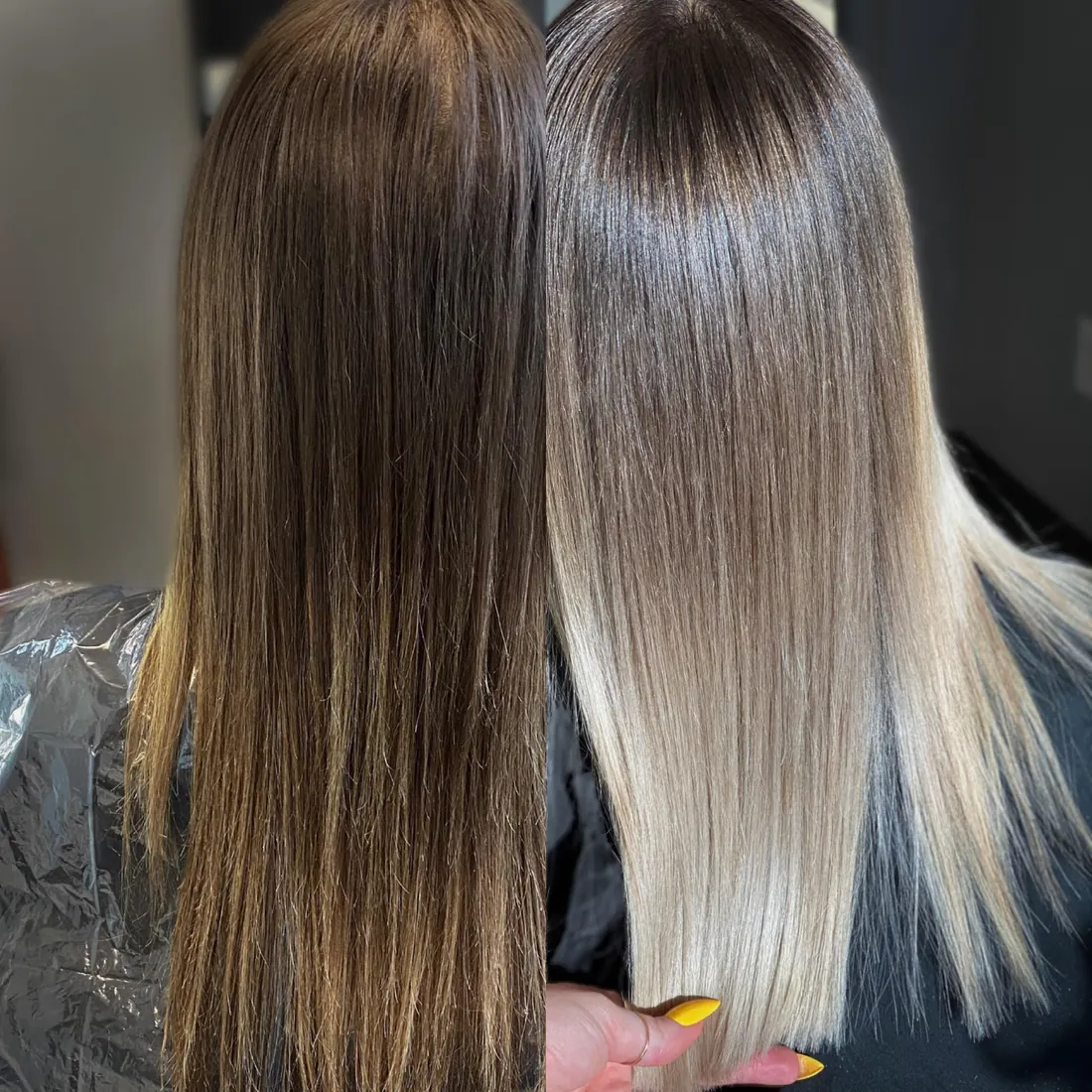 Before and after: brunette transformed to dimensional blonde balayage