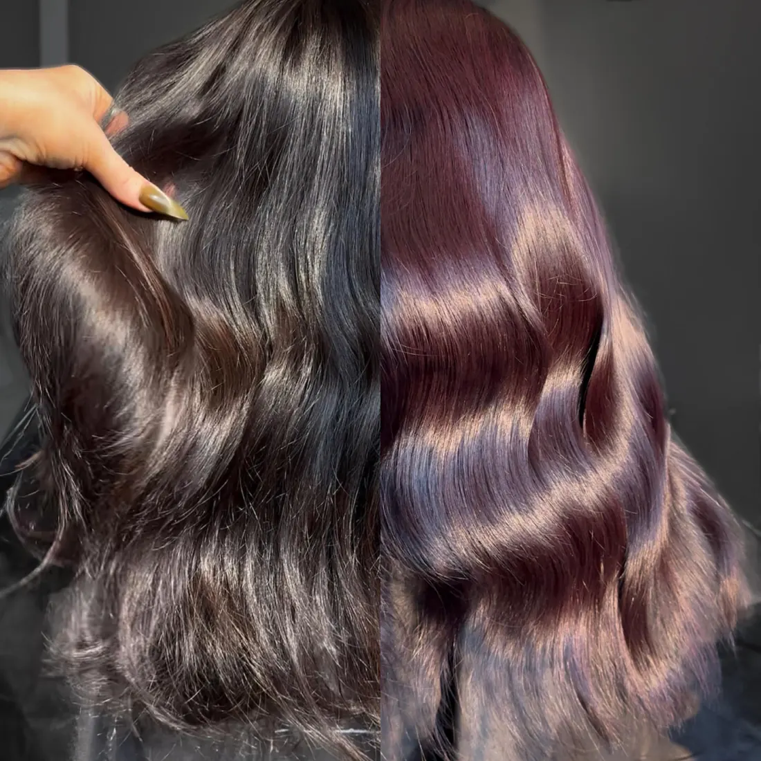 Before and after: dark brown hair glossed to rich plum waves